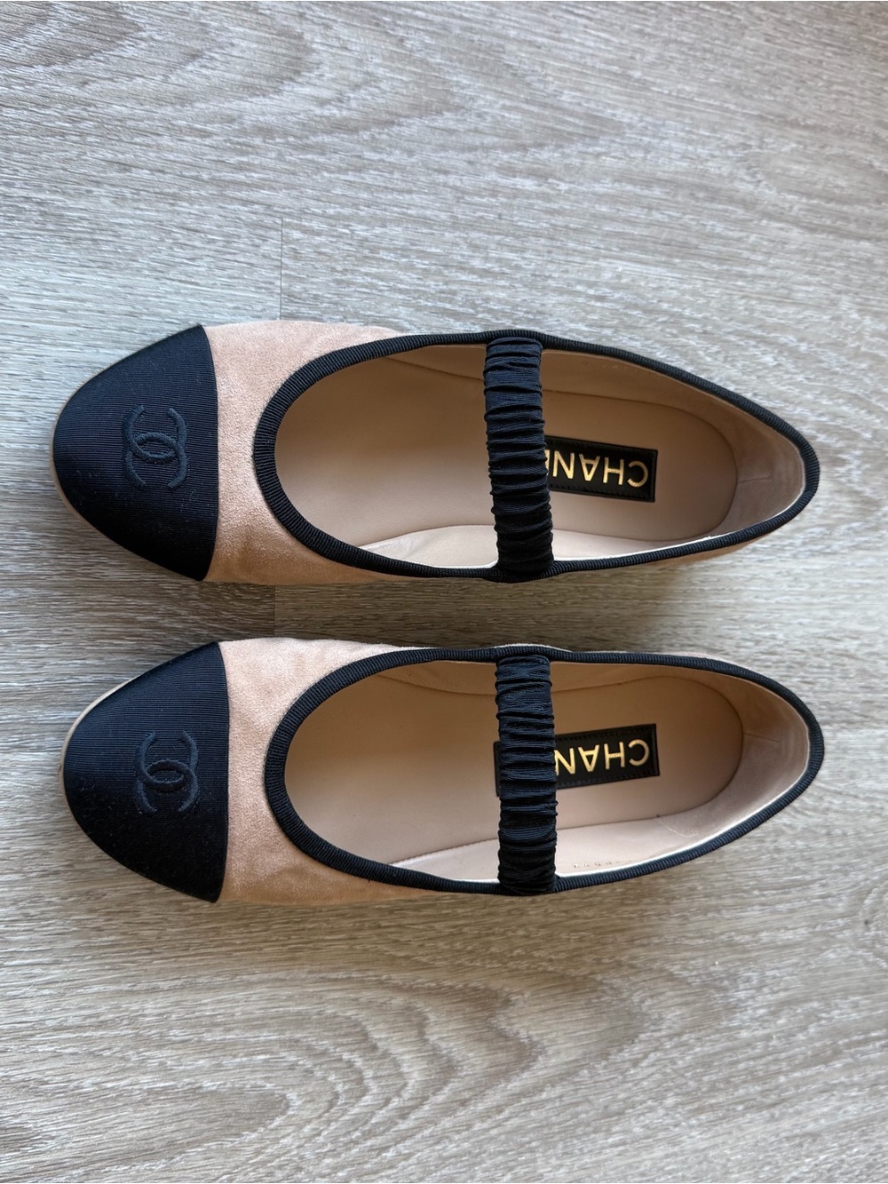 Chanel Suede Kidskin Grosgrain Mary Jane Flats 37.5 Beige Black